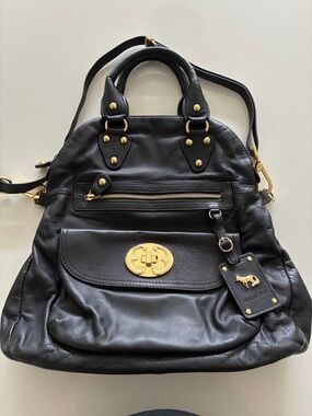 Emma Fox Black Leather Shoulder Bag with Gold Hardware